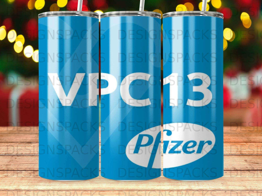 Three blue tumblers with the Pfizer logo and "VPC13" text.