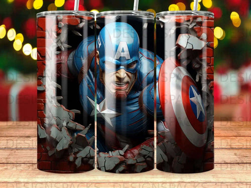 Captain America bursts through a brick wall, shield raised.