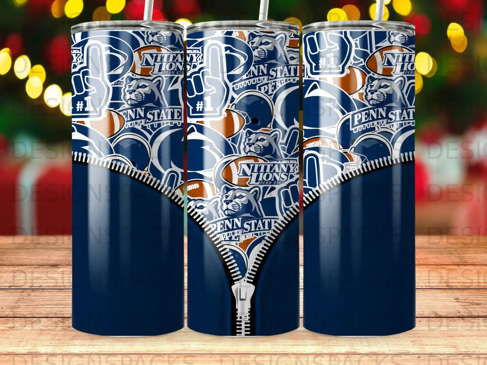 Penn State Nittany Lions blue and white football-themed tumbler with zipper design.