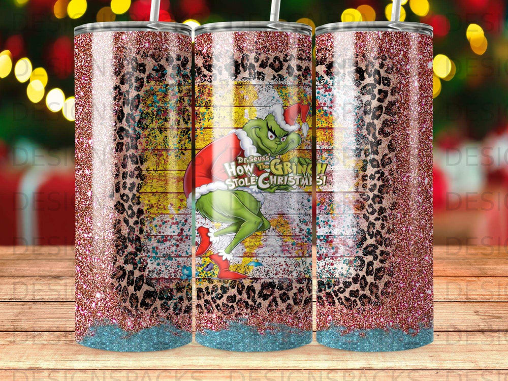 Dr. Seuss' How the Grinch Stole Christmas tumbler with leopard print and glitter.