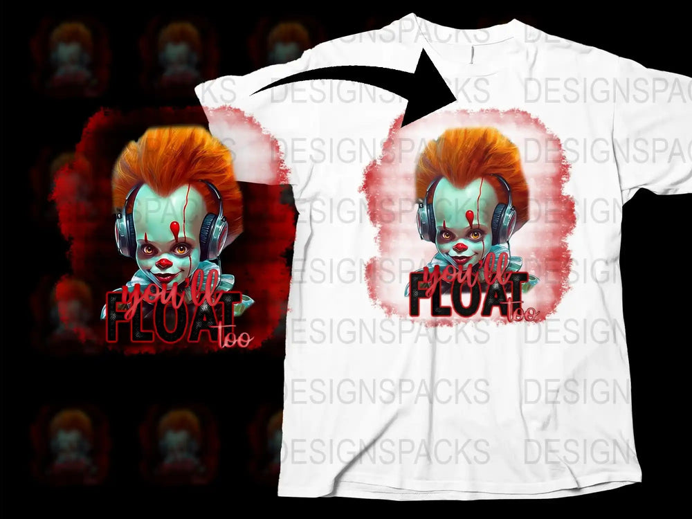 Horror Clown Graphic T-Shirt, Unisex Cotton Tee, Scary Movie Inspired, You'll Float Quote, Vibrant Halloween Shirt, Unique Horror Apparel