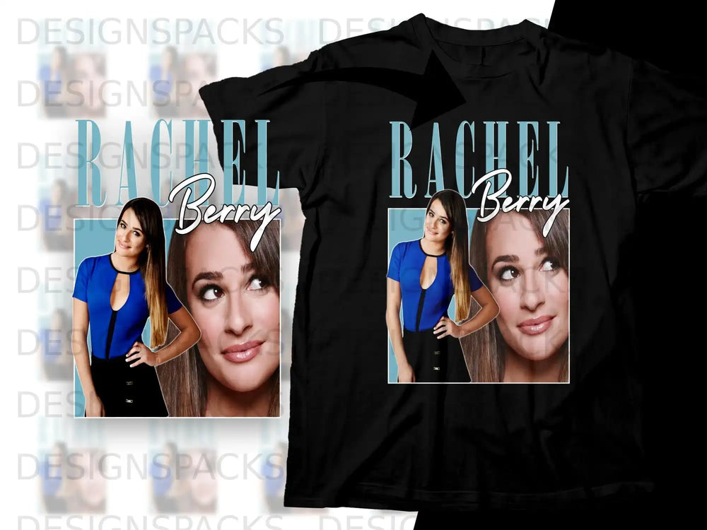 Rachel Berry graphic t-shirt with blue and black design.
