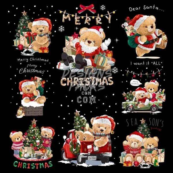 Festive Christmas teddy bears with gifts, trees, and holiday text for DTF/DTG designs