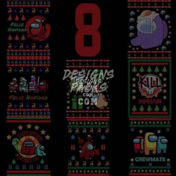 Among Us Christmas ugly sweater designs with festive patterns, crewmate graphics, and 'Feliz Navidad' text for DTG/DTF printing