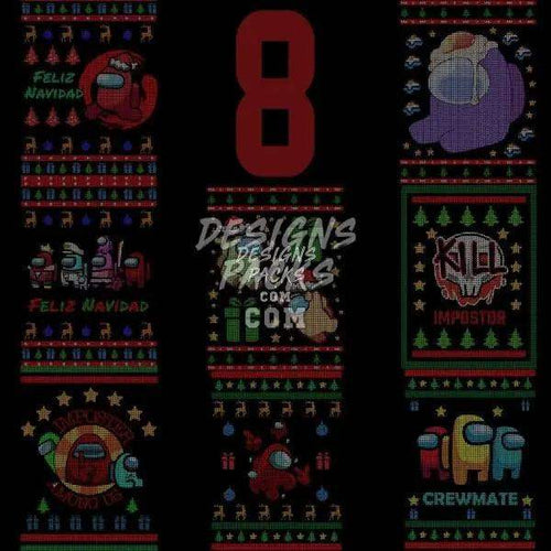 Among Us Christmas ugly sweater designs with festive patterns, crewmate graphics, and 'Feliz Navidad' text for DTG/DTF printing