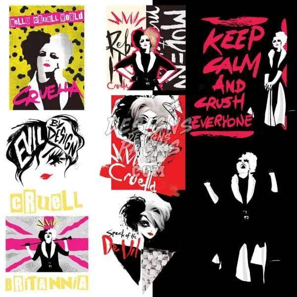 Cruella-inspired DTF/DTG designs with bold typography and edgy graphics for print-ready fashion