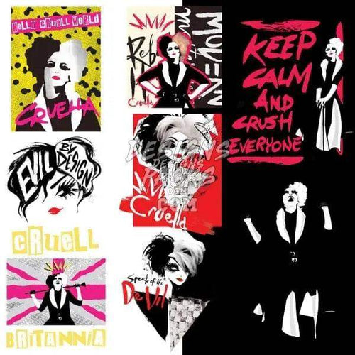 Cruella-inspired DTF/DTG designs with bold typography and edgy graphics for print-ready fashion