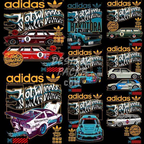 Adidas x Hot Wheels car designs for DTF/DTG printing, featuring vibrant race cars and logos