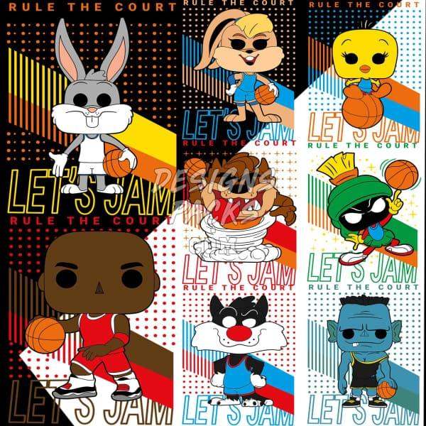 Basketball-themed cartoon characters with 'Let’s Jam' text, print-ready for DTG/DTF designs
