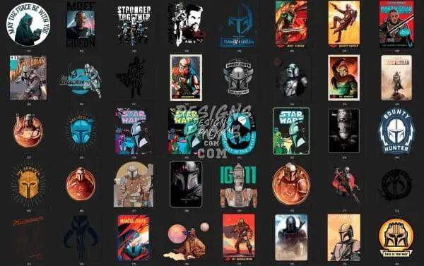 Star Wars-themed DTF/DTG designs bundle with Mandalorian, Boba Fett, and Jedi graphics for print-ready use