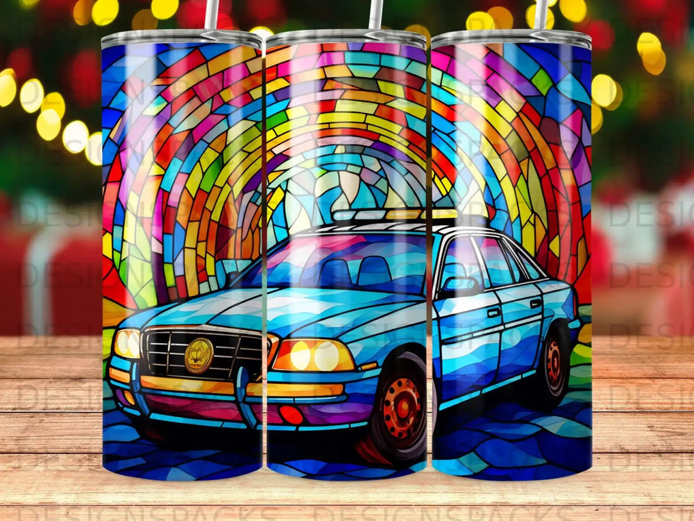 Blue police car with stained glass background.