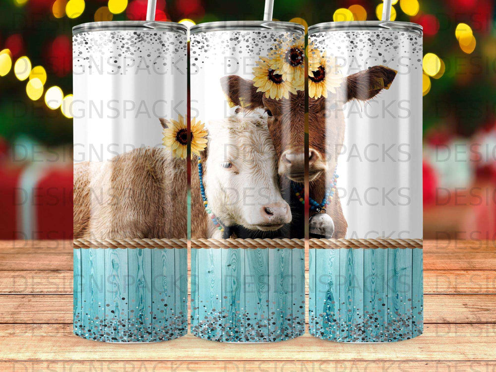 Cow and calf with sunflowers on a glitter tumbler design.