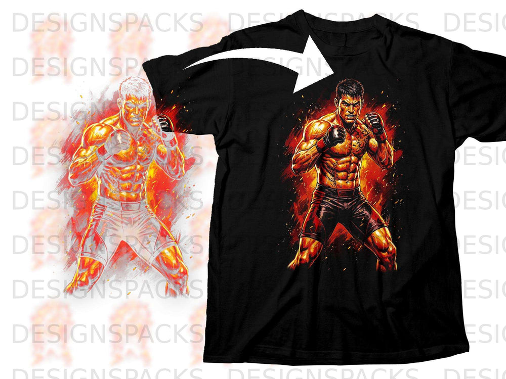 Black t-shirt featuring a muscular fighter graphic with flames and a white arrow.