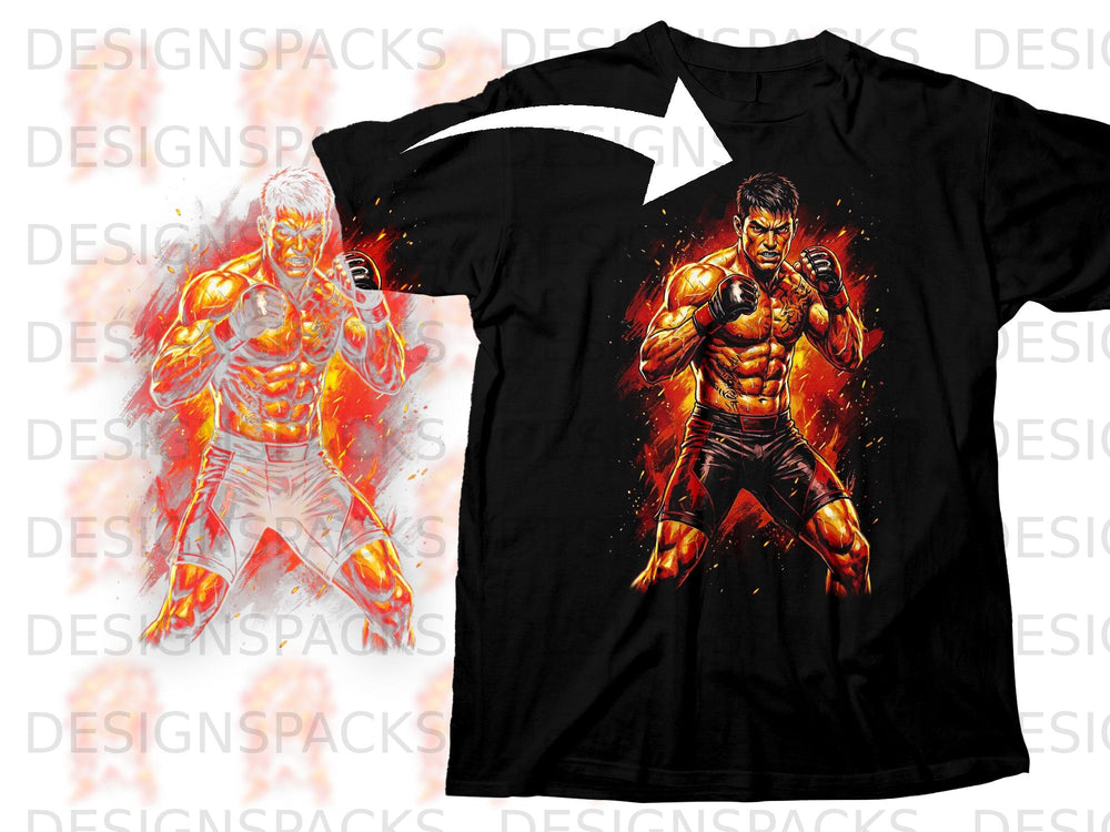 Black t-shirt featuring a muscular fighter graphic with flames and a white arrow.