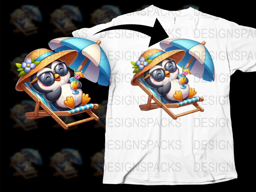 Cute Penguin on Beach Chair T-Shirt, Summer Vacation Graphic Tee, Animal Cartoon Print, Unisex Kids and Adults Fashion