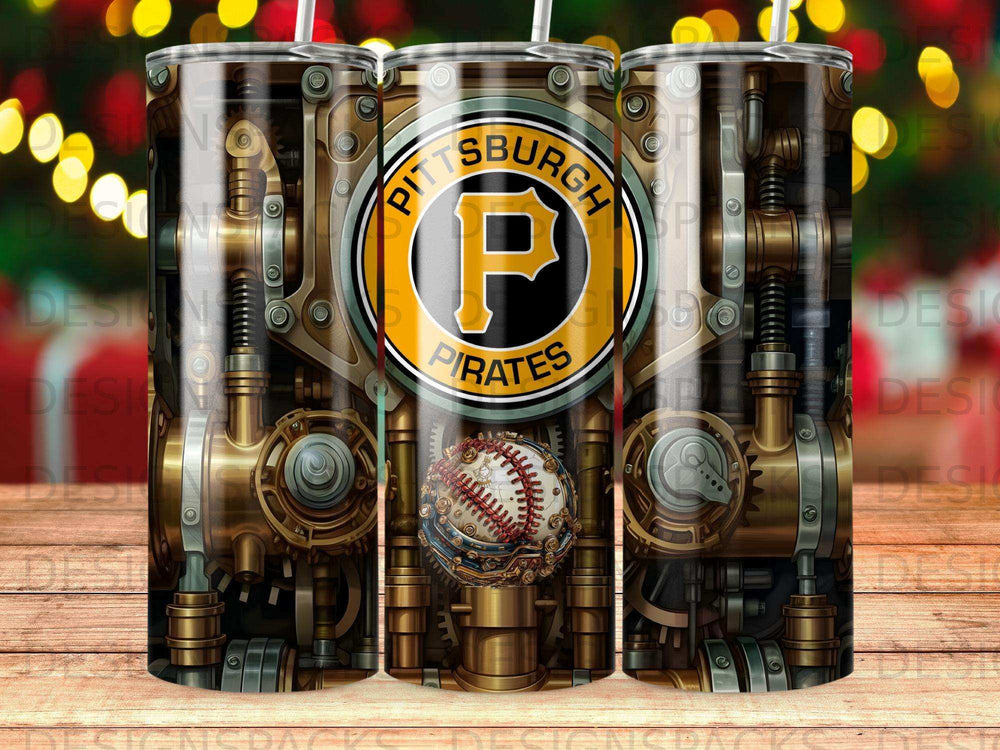 Pittsburgh Pirates tumbler with baseball, steampunk gears, and bokeh lights background.