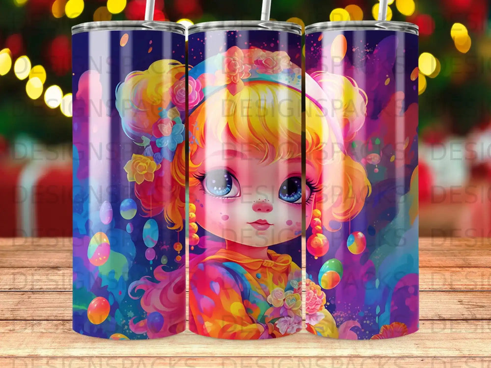 Rainbow-colored cartoon girl with large eyes and flowers on a blue background.