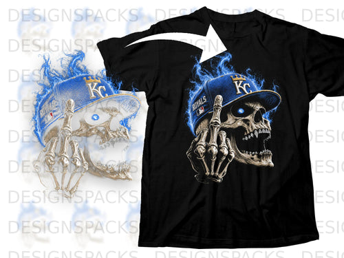 Black t-shirt with a skull, wearing a Royals hat, flipping the bird with blue fire.