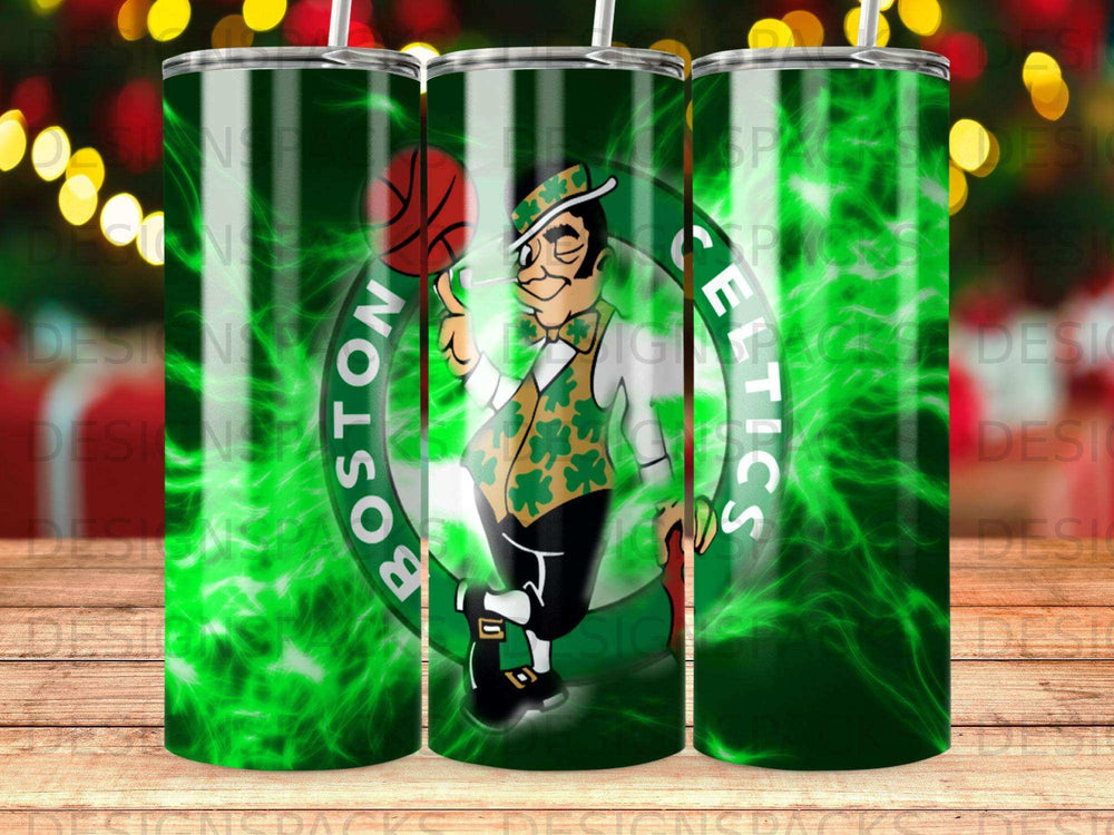 Boston Celtics mascot with "Boston Celtics" text on a green, energy-like background.