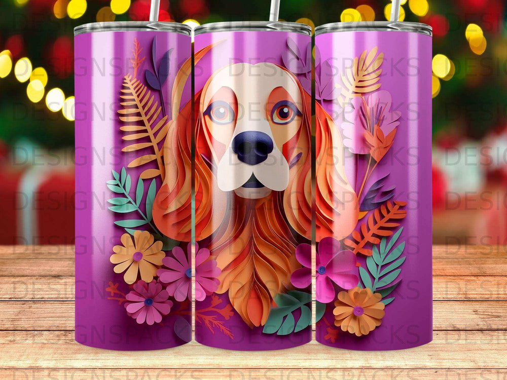 Paper art dog face with flowers on purple striped tumbler.