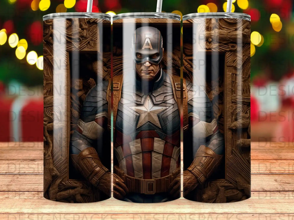 Captain America with star-spangled shield in front of rustic frame.