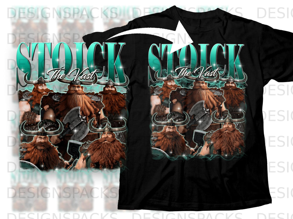 Black t-shirt with "STOICK The Vast" and Viking illustrations.