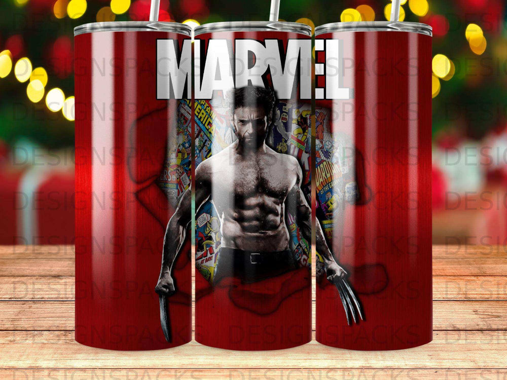 Marvel Comics characters including Wolverine and Captain America on a red tumbler.
