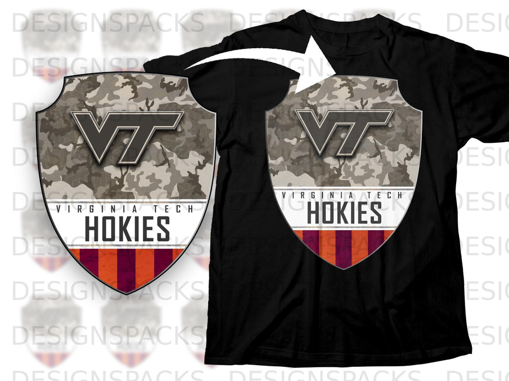 Virginia Tech Hokies shield with camouflage and maroon/orange stripes on black shirt.