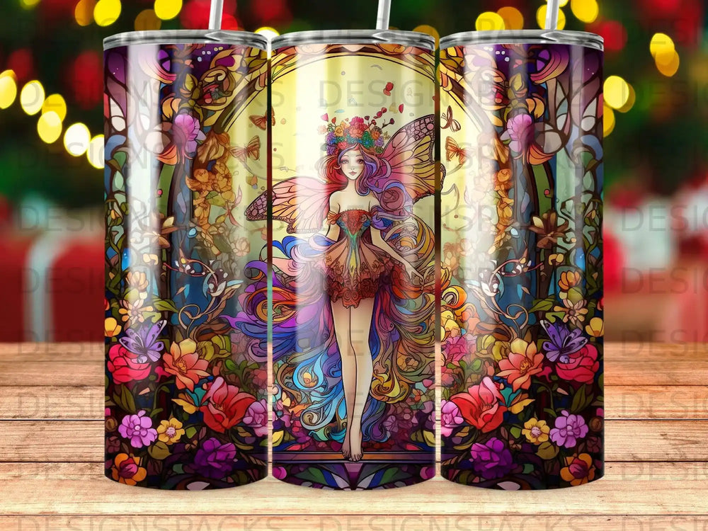 Fantasy fairy woman with colorful wings surrounded by vibrant flowers and butterflies.