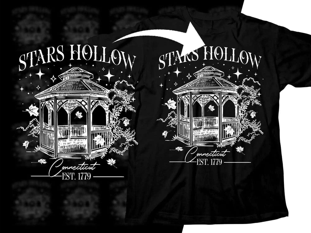 Stars Hollow Connecticut t-shirt design with gazebo, stars, and autumn leaves, est. 1779