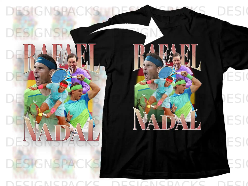 Black t-shirt with Rafael Nadal graphics and text.