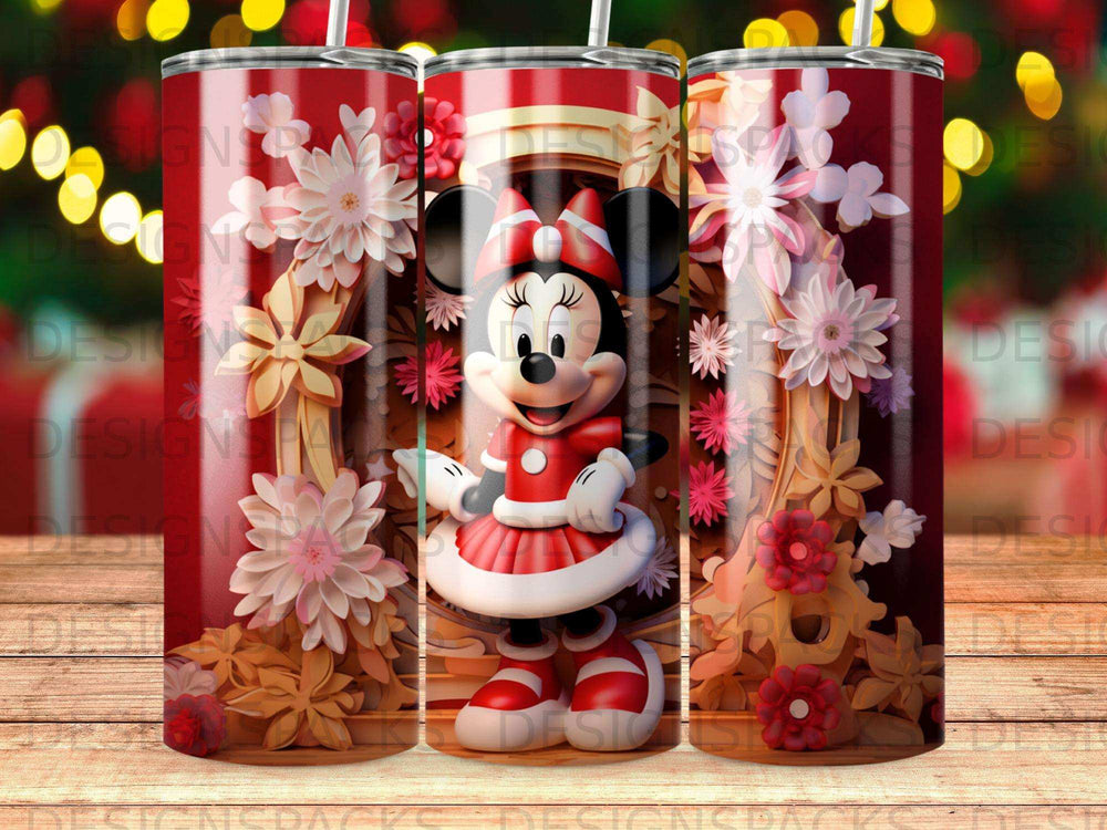 Minnie Mouse in holiday dress surrounded by festive flowers and bokeh lights.