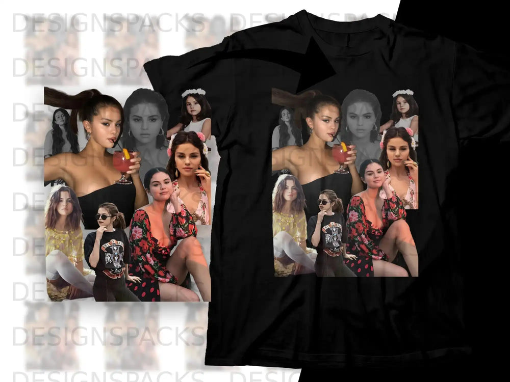 Selena Gomez collage on black t-shirt with floral accents.