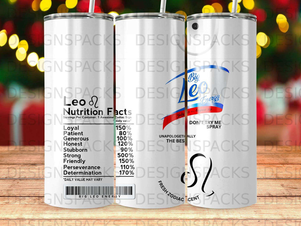 Leo zodiac sign nutrition facts label with "Big Energy" and "Don't Spray Me" text.