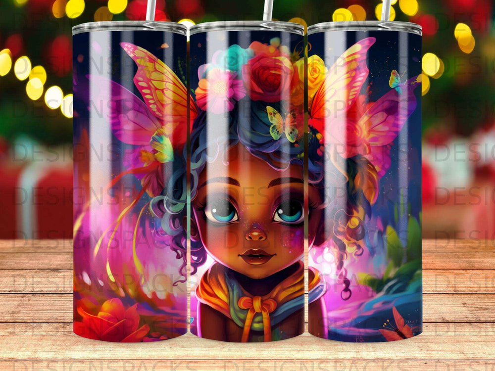 Girl with butterfly wings and colorful flowers in hair.