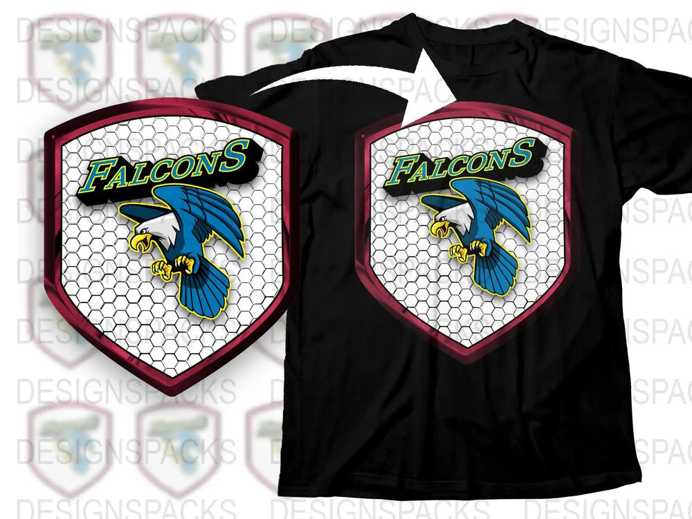 Falcons Graphic T-Shirt Sports Team Emblem Black and Blue Tee Honeycomb Pattern
