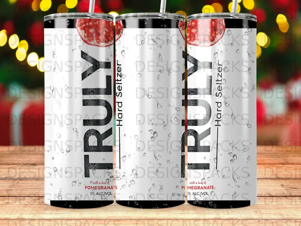 Three skinny tumblers with "Truly Pomegranate" branding and fruit imagery.
