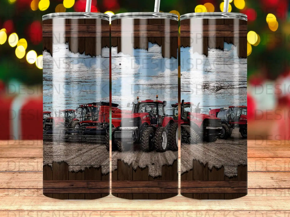Red tractors on a field with a wood grain frame.