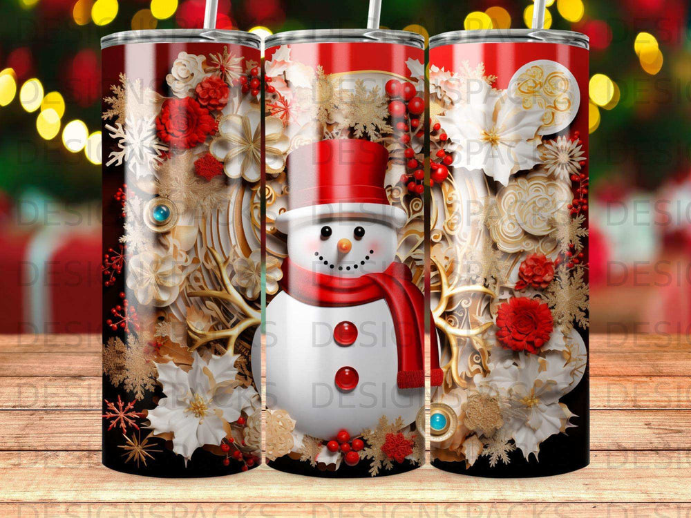 Snowman with red hat and scarf on festive background.