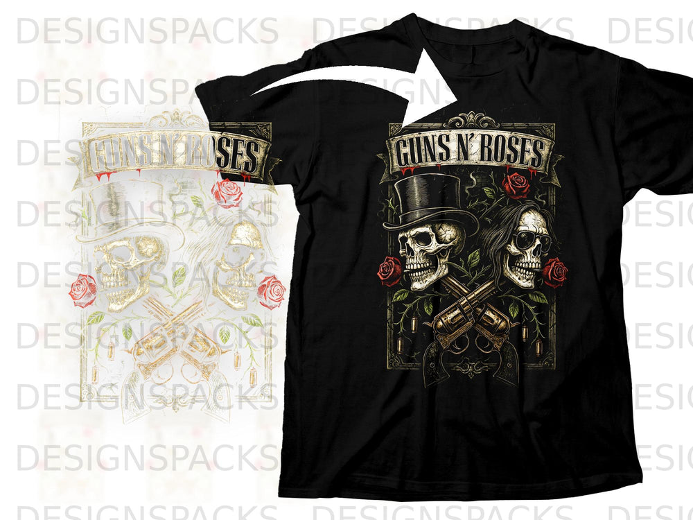 Black t-shirt with Guns N' Roses graphic featuring skulls, roses, and revolvers.