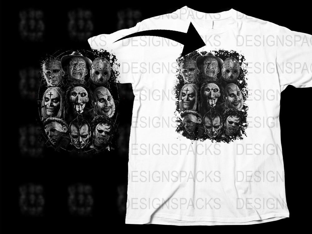 Gothic Horror Faces T-Shirt, Unisex Black and White Graphic Tee, Unique Horror Movie Apparel