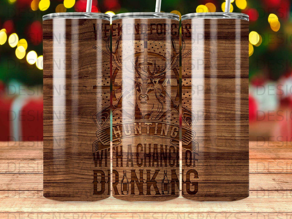 Tumbler with deer antlers, shotgun, and text "Hunting with a chance of drinking".