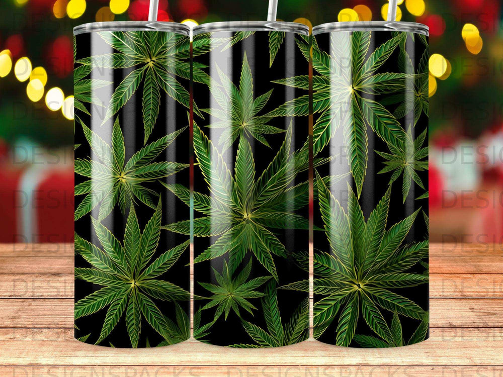 Cannabis leaf pattern on black background with bokeh lights.