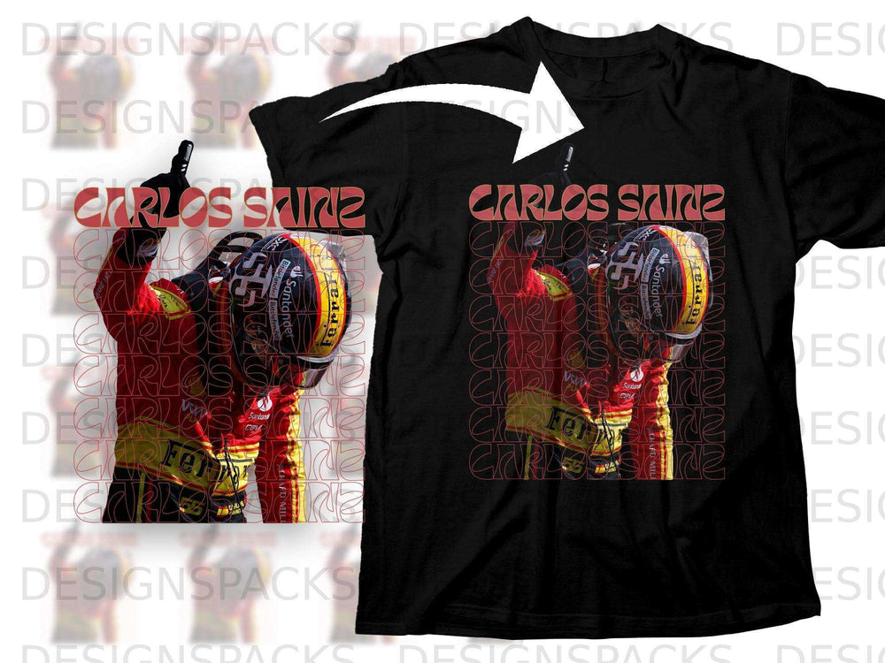 Black t-shirt featuring Carlos Sainz helmet graphic with repeated "Carlos Sainz" text.