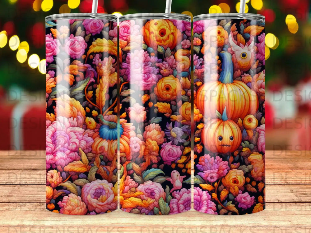Floral pattern tumbler with pumpkins, flowers, and a ghost character.