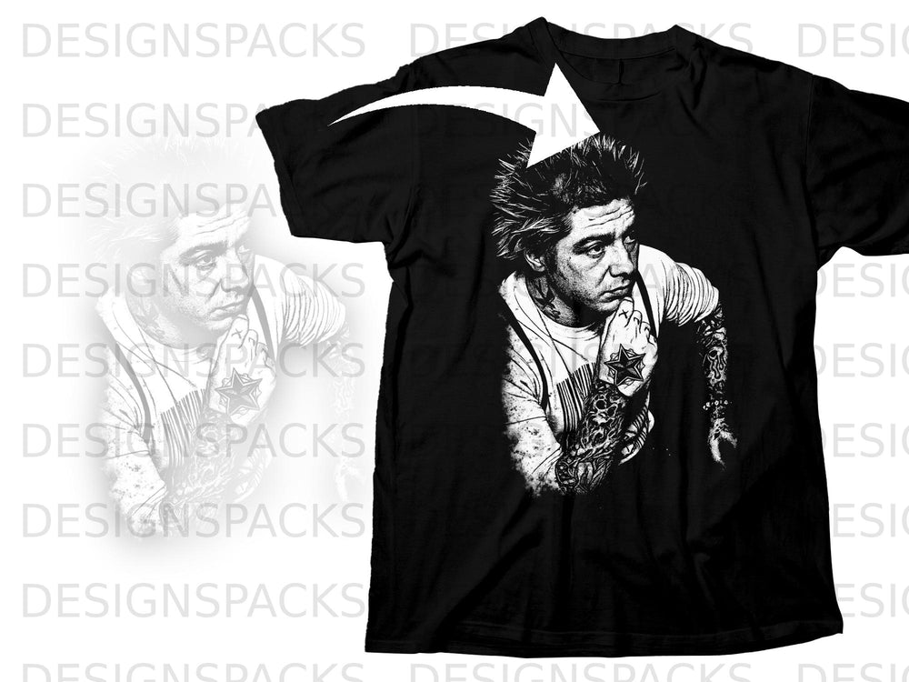 Black t-shirt featuring a punk rock graphic of a man with spiky hair and tattoos.