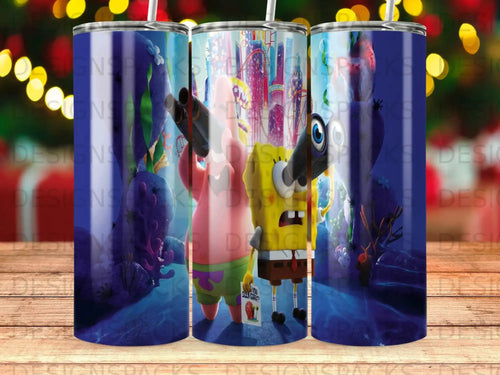 SpongeBob and Patrick in cartoon style, holding signs, on a tumbler.