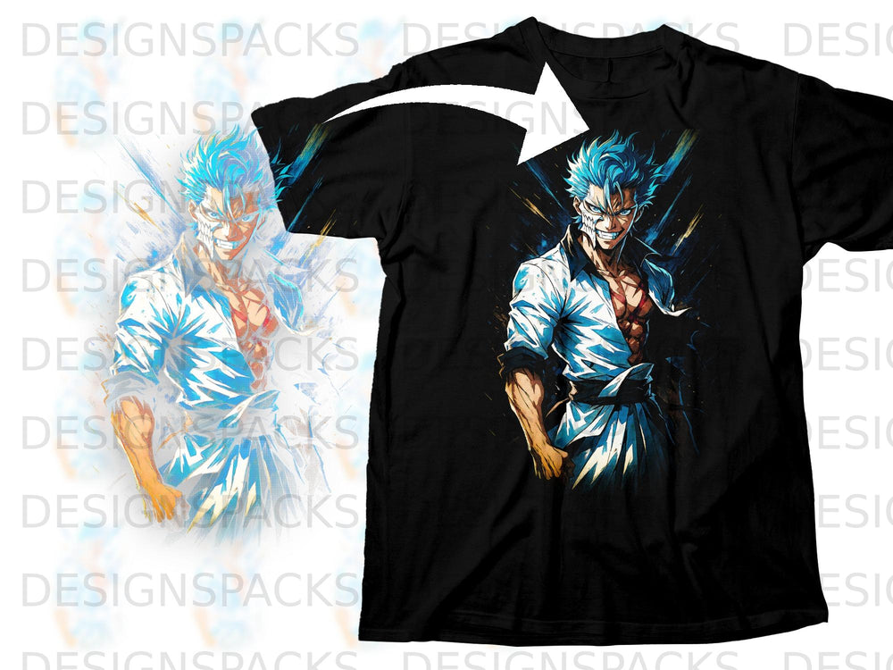 Black t-shirt with anime character artwork featuring a man with blue spiky hair and a fierce expression.
