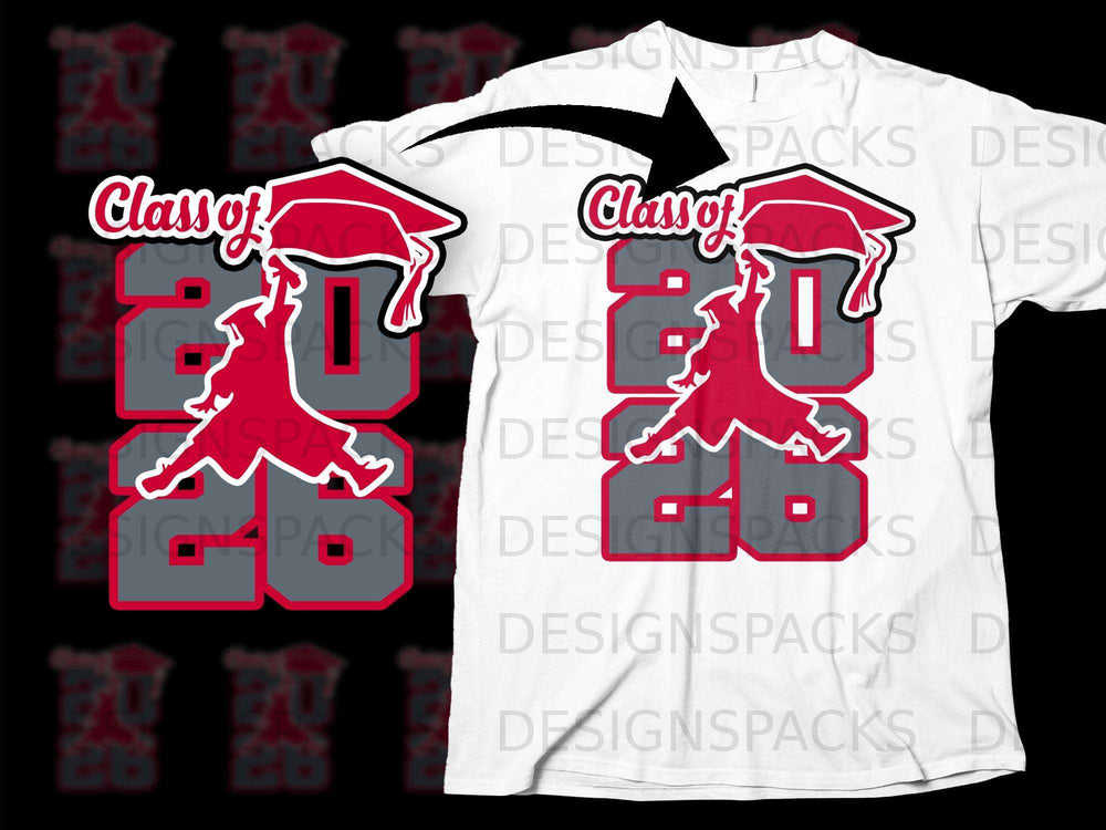 Class of 2026 graphic with graduation cap and figure on white t-shirt.