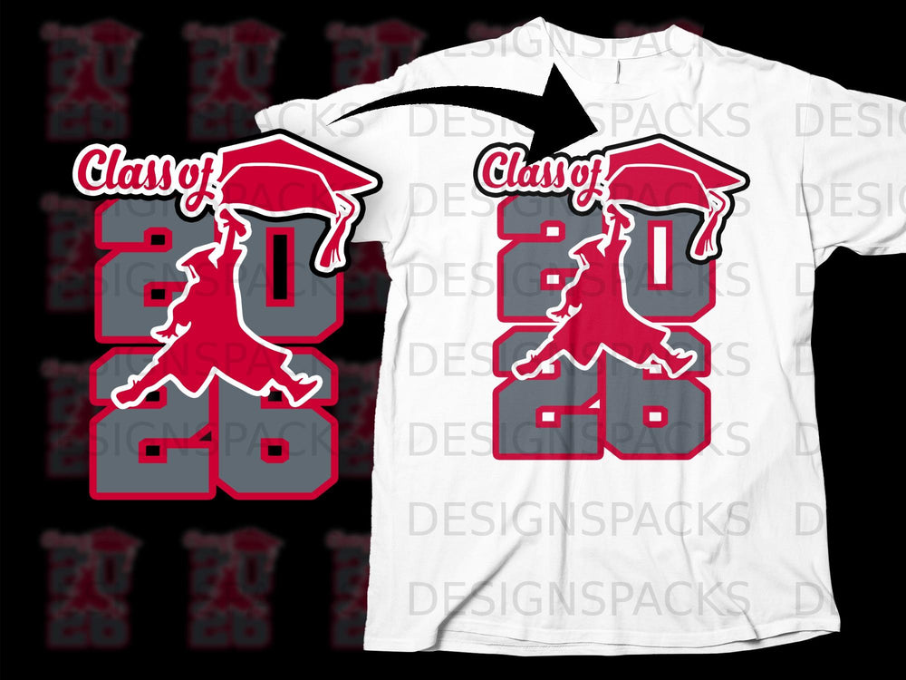 Class of 2026 graphic with graduation cap and figure on white t-shirt.